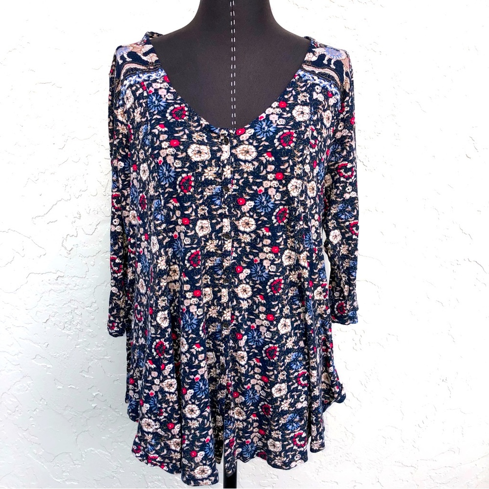 Lucky Brand blouse tunic floral top boho print 3/4 sleeve women’s size 1x curvy